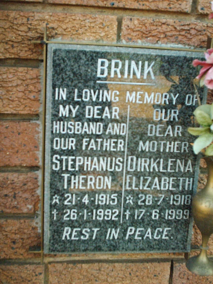 BRINK Stephanus Theron 1915-1992 &amp; Dirklena Elizabeth 1918-1999