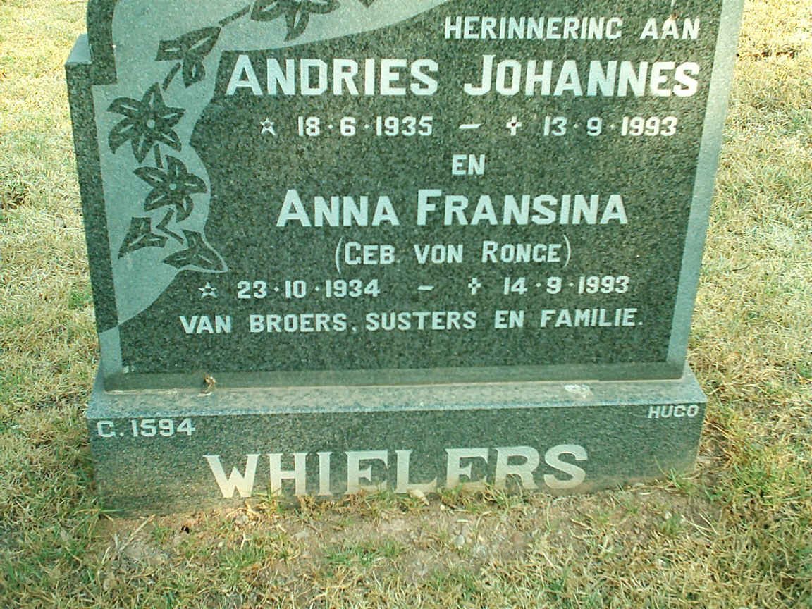 WHIELERS Andries Johannes 1935-1993 &amp; Anna Fransina VON RONGE 1934-1993