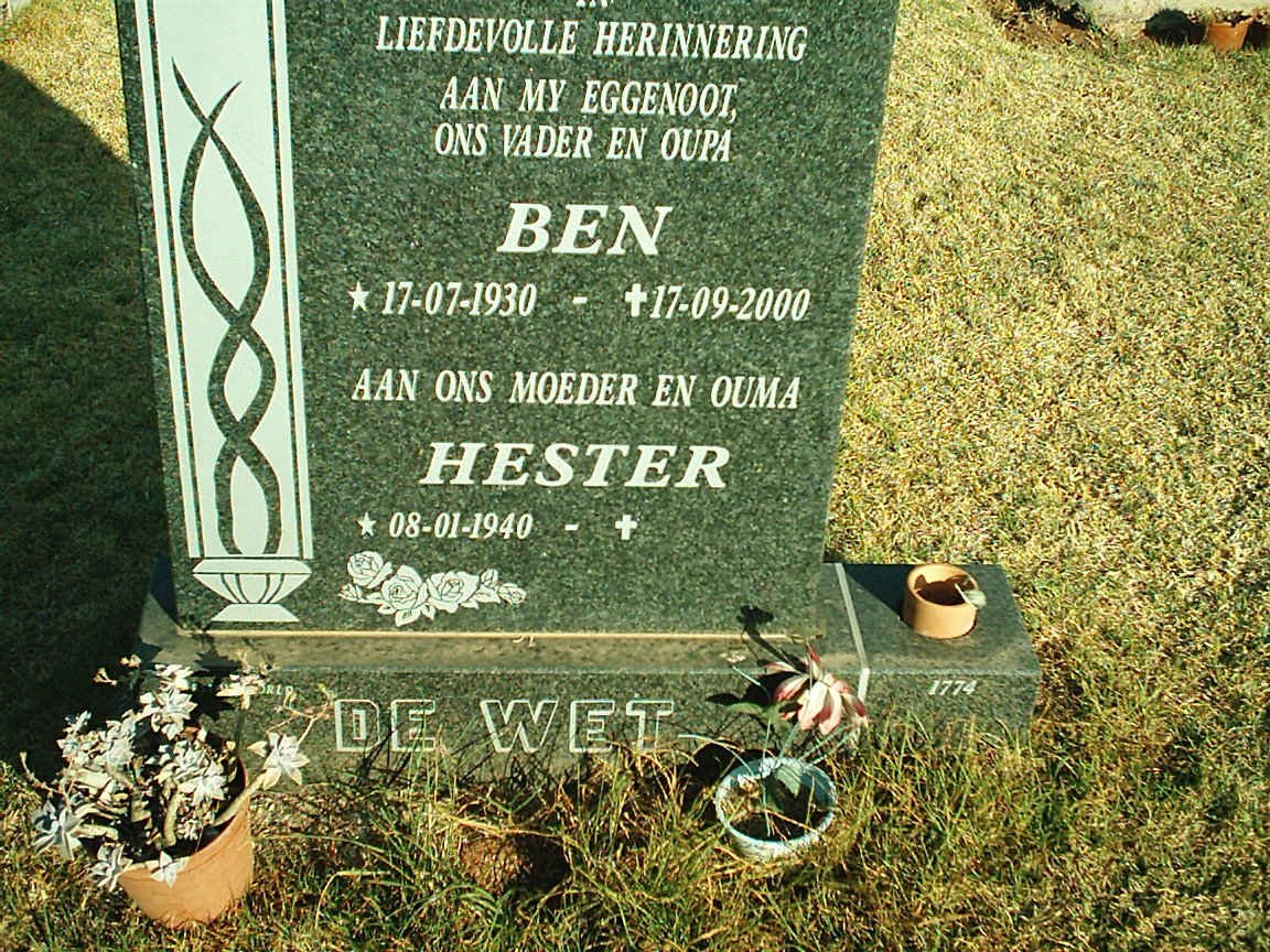 WET Ben, de 1930-2000 &amp; Hester 1940-
