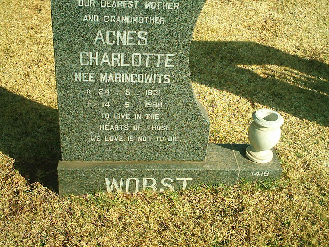 WORST Agnes Charlotte nee MARINCOWITS 1931-1988