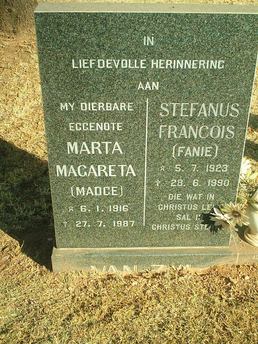 ZYL Stefanus Francois, van 1923-1990 &amp; Marta Magareta 1916-1987