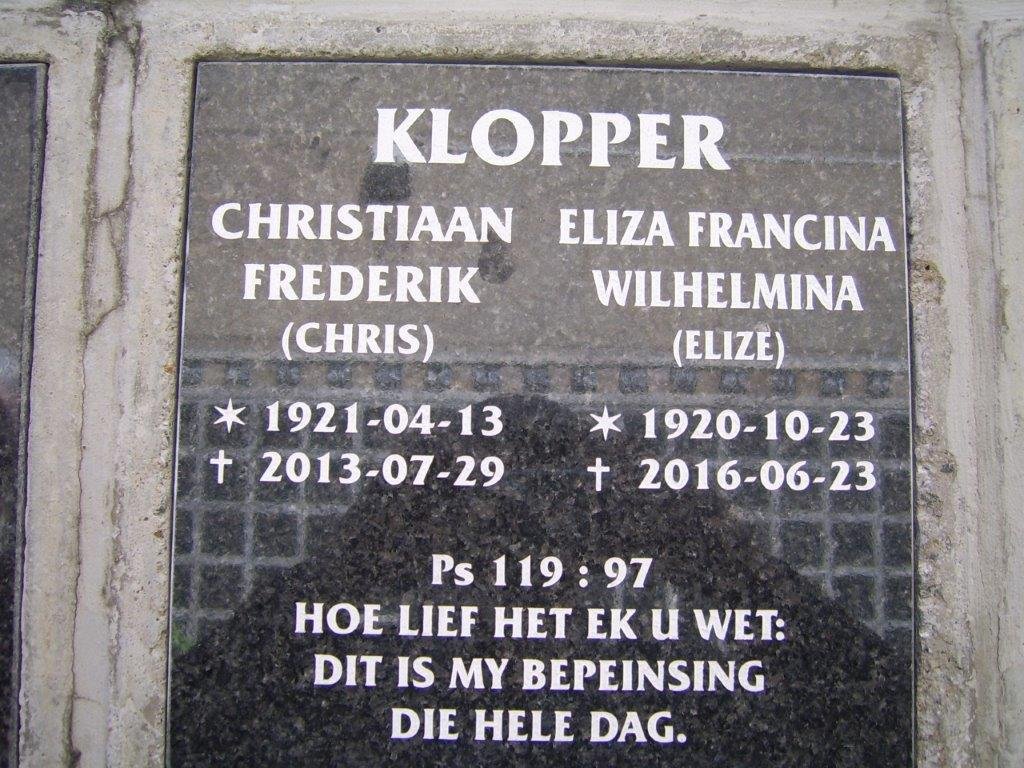 KLOPPER Christiaan Frederik 1921-1913 &amp; Eliza Francina Wilhelmina 1920-2016