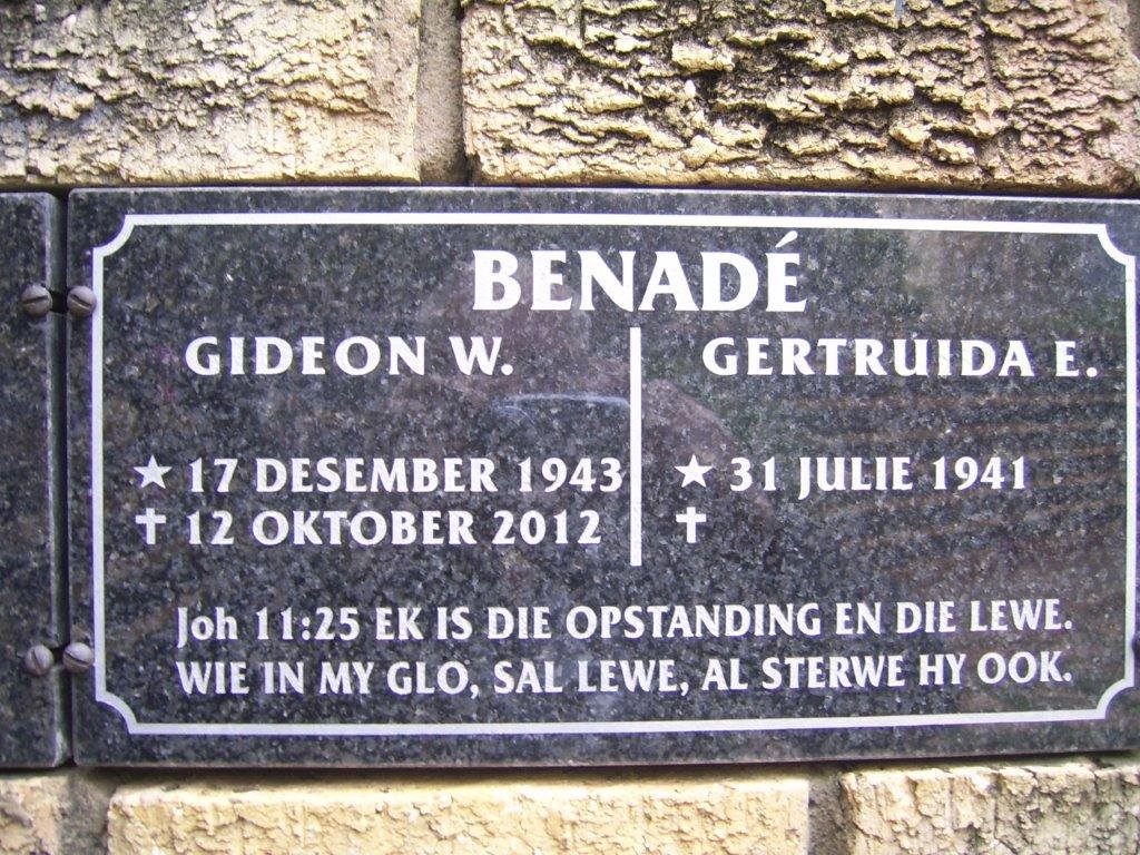 BENADE Gideon W. 1943-2012 &amp; Gertruida E. 1941-