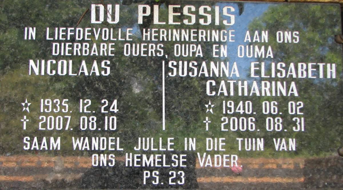 PLESSIS Nicolaas, du 1935-2007 &amp; Susanna Elisabeth Catharina 1940-2006