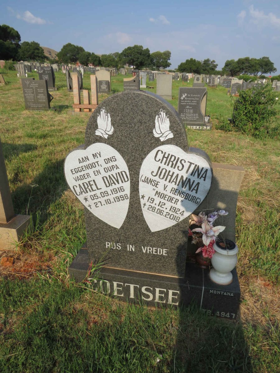 COETSEE Carel David 1916-1998 & Christina Johanna JANSE V. RENSBURG 1924-2018