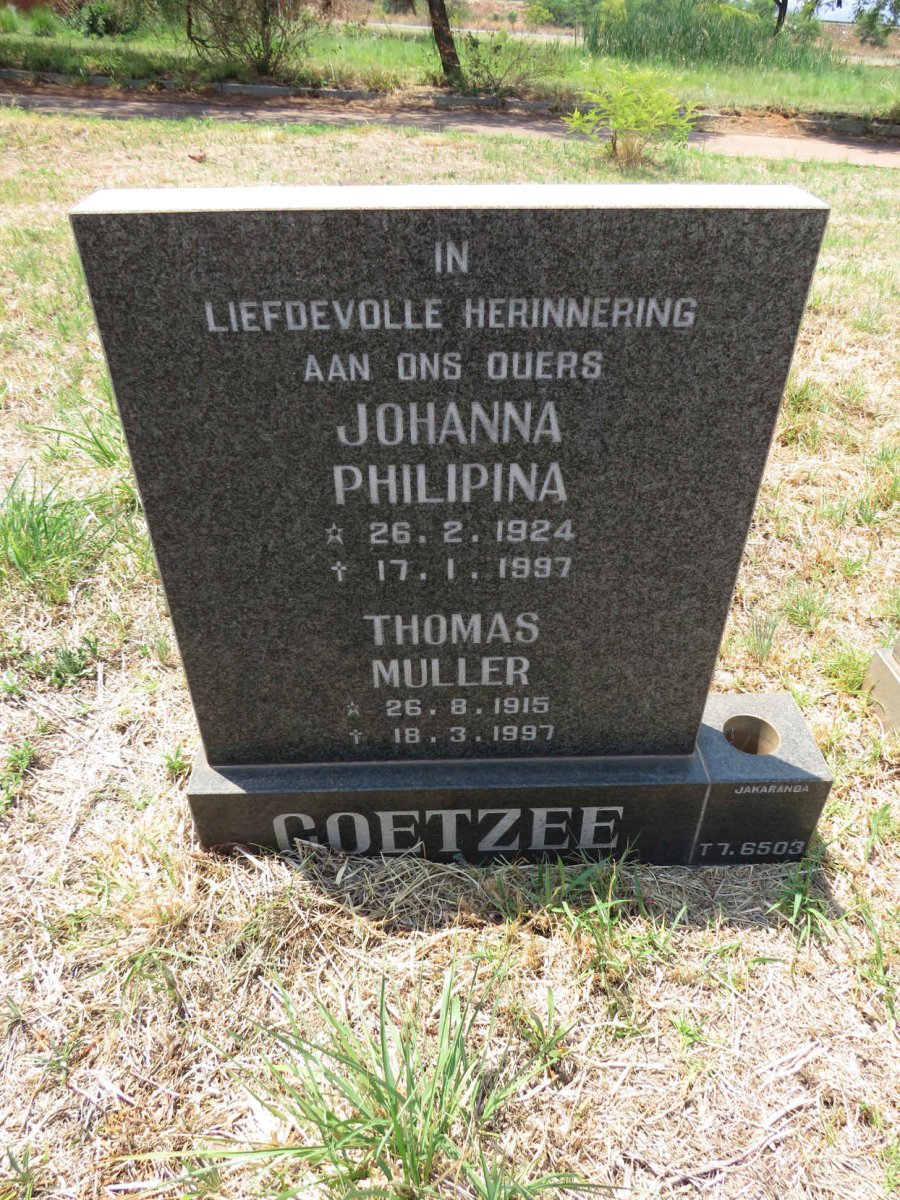 COETZEE Thomas Muller 1915-1997 & Johanna Philipina 1924-1997 