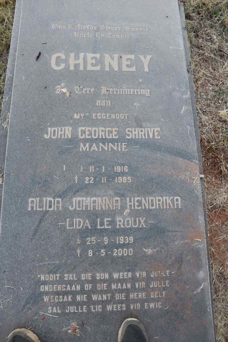 CHENEY John George Shrive 1916-1985 & Alida Johanna Hendrika LE ROUX 1939-2000