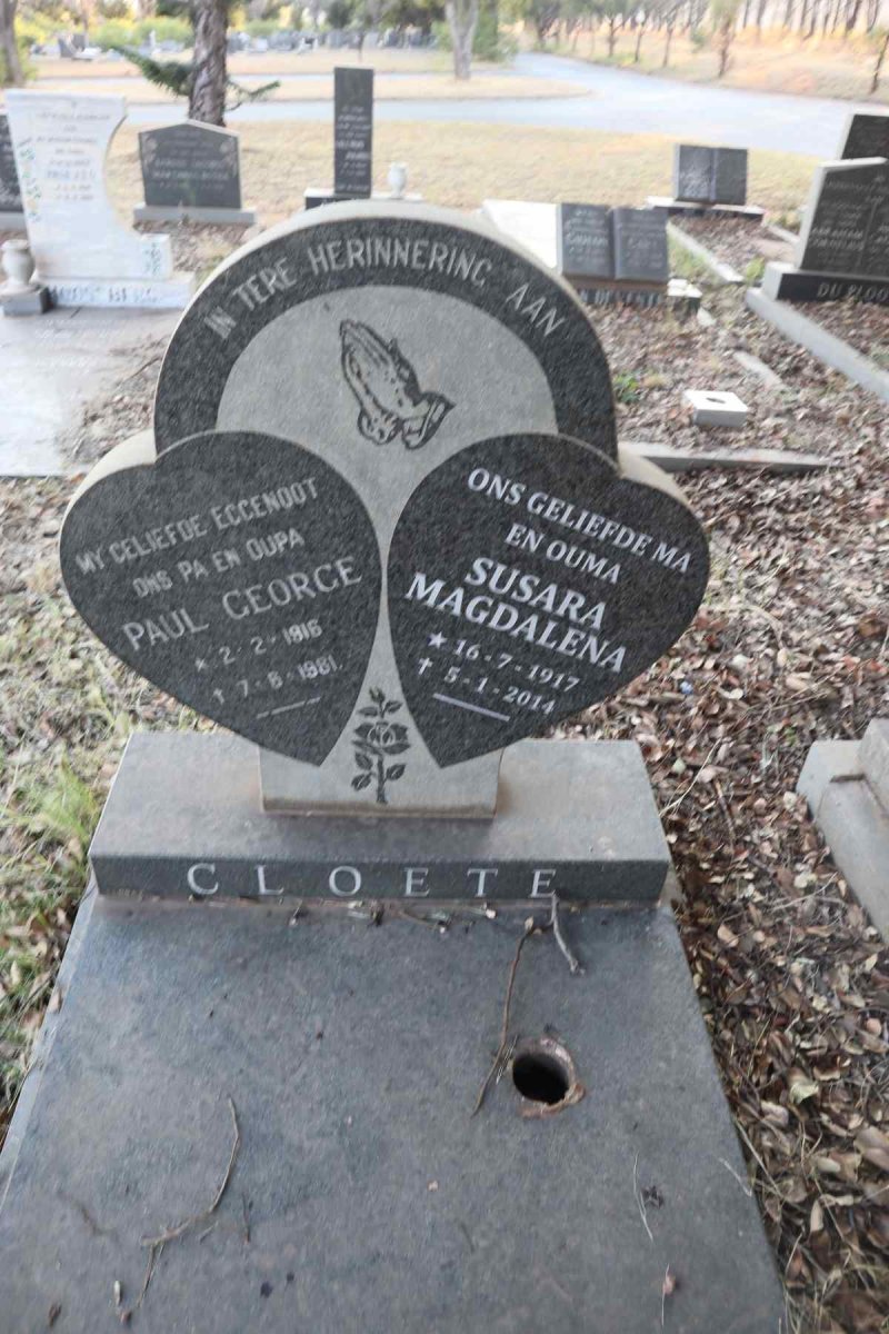 CLOETE Paul George 1916-1981 & Susara Magdalena 1917-2014