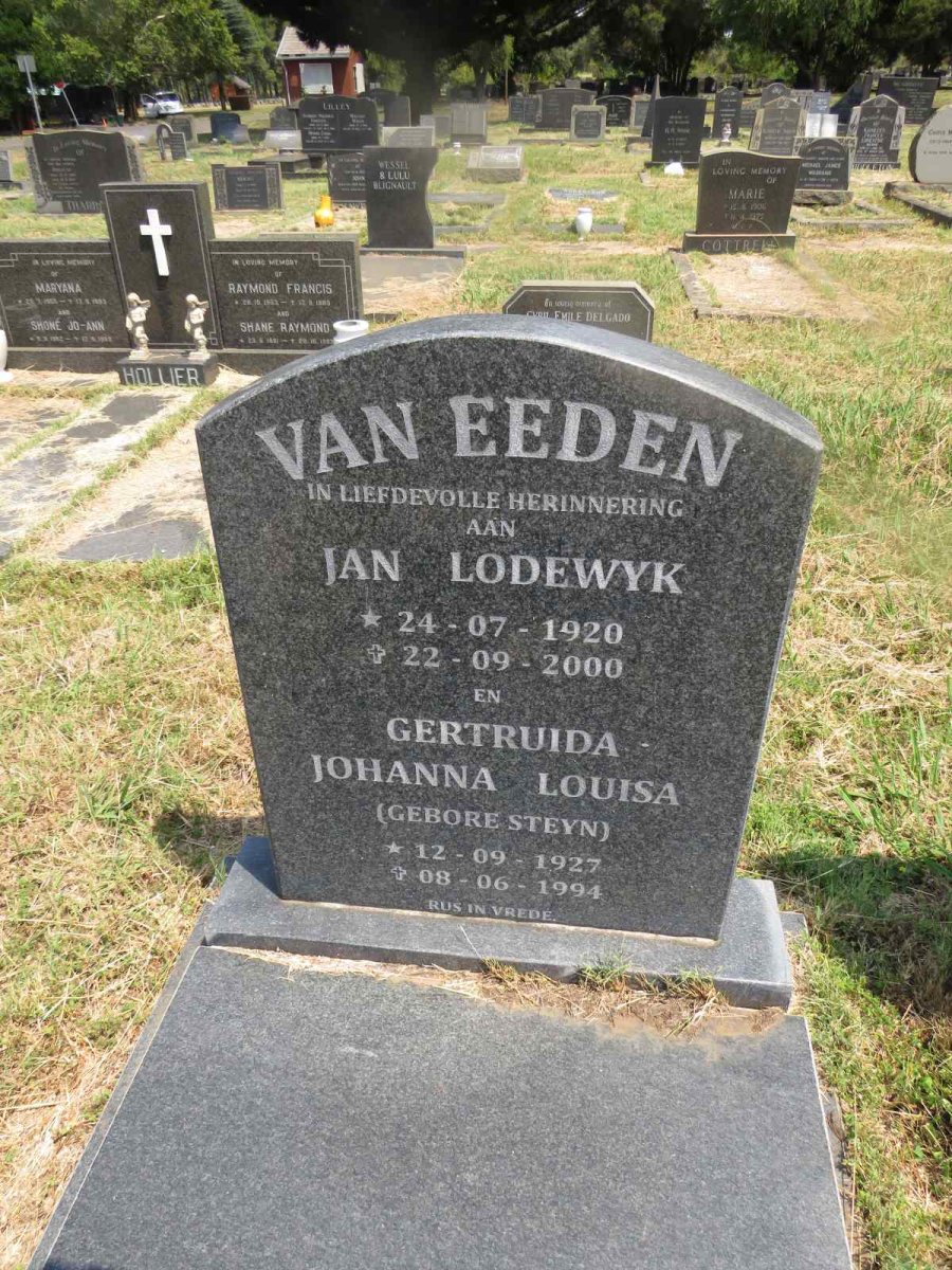 EEDEN Jan Lodewyk, van 1920-2000 & Gertruida Johanna Louisa STEYN 1927-1994