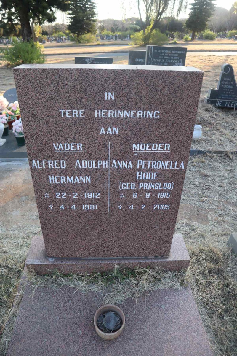 HERMANN Alfred Adolph 1912-1981 & Anna Petronella Bode PRINSLOO 1915-2005