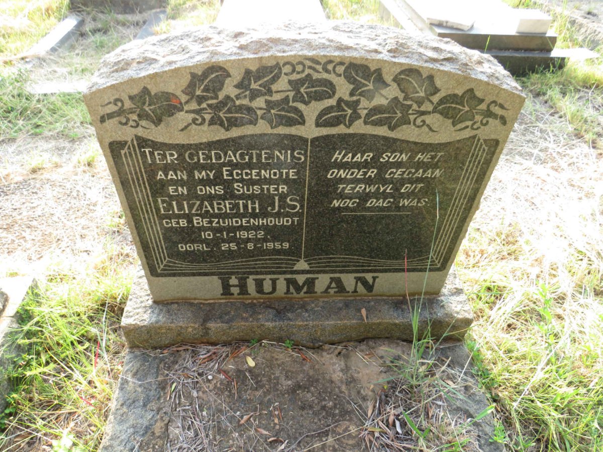HUMAN Elizabeth J.S. nee BEZUIDENHOUDT 1922-1959
