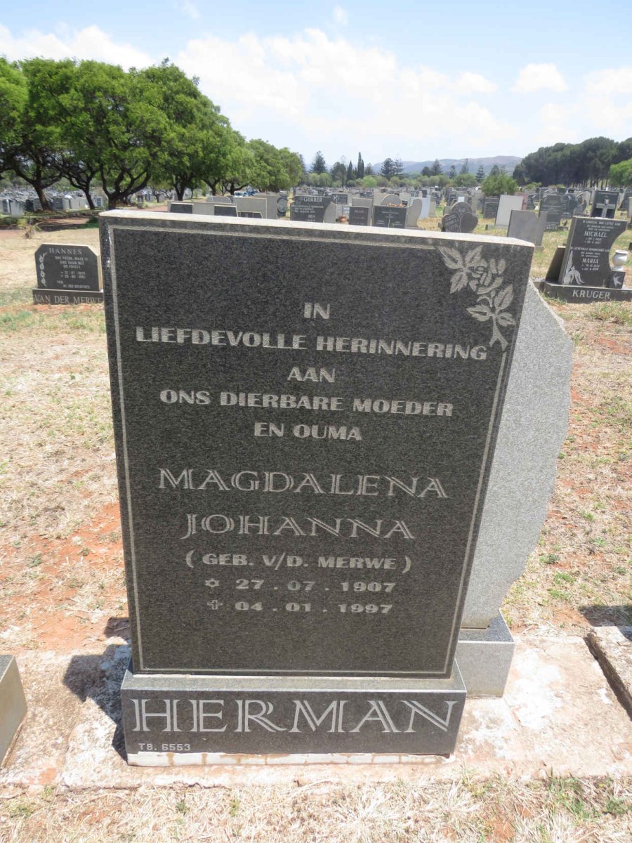 HERMAN Magdalena Johanna nee V.D. MERWE 1907-1997