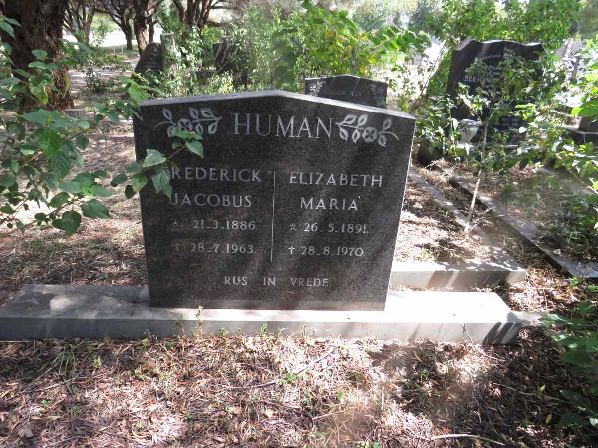 HUMAN Frederick Jacobus 1886-1963 & Elizabeth Maria 1891-1970