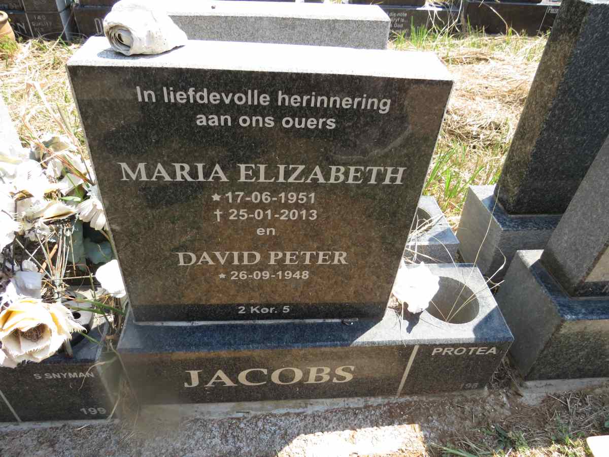 JACOBS David Peter 1948- & Maria Elizabeth 1951-2013