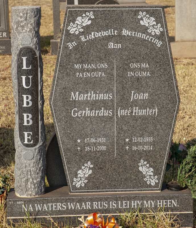 LUBBE Marthinus Gerhardus 1931-2000 &amp; Joan HUNTER 1935-2014