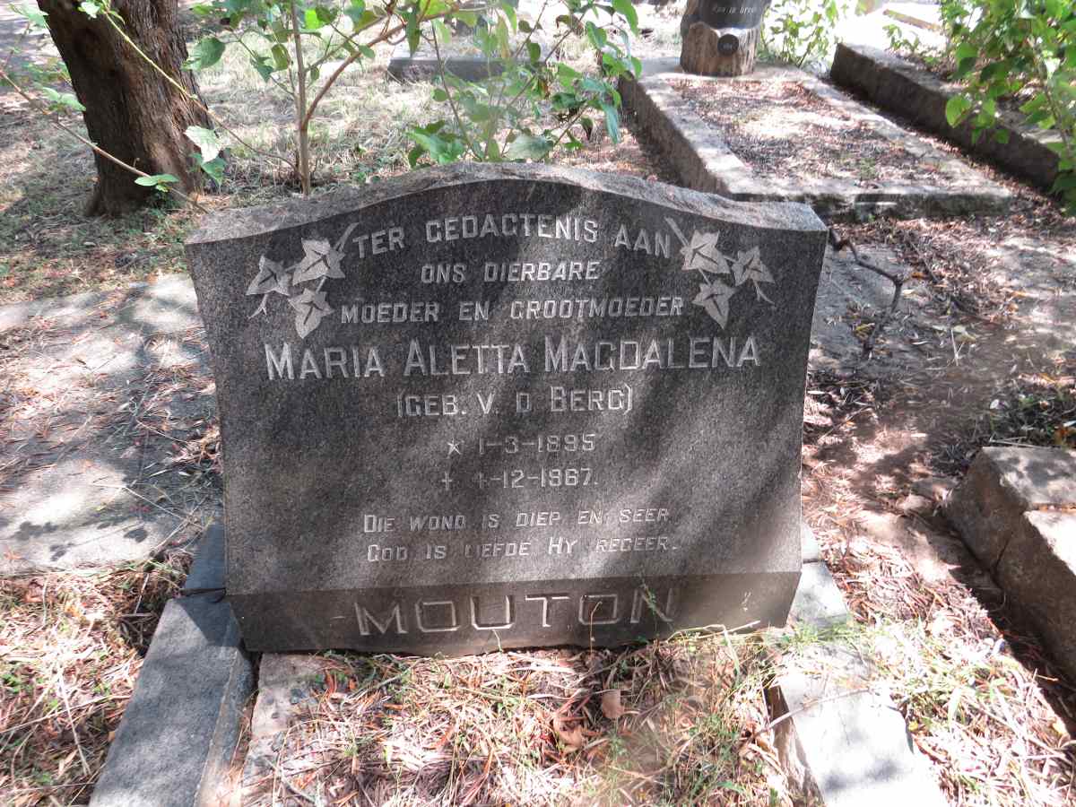 MOUTON Maria Aletta Magdalena nee V.D. BERG 1895-1967
