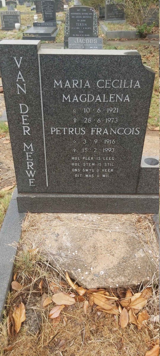 MERWE Petrus Francois, van der 1916-1993 & Maria Cecilia Magdalena 1921-1973