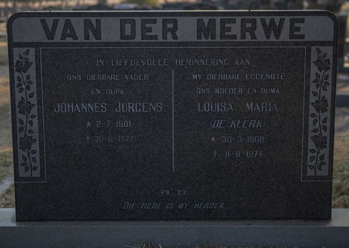 MERWE Johannes Jurgens, van der 1901-1977 &amp; Louisa Maria DE KLERK 1908-1974