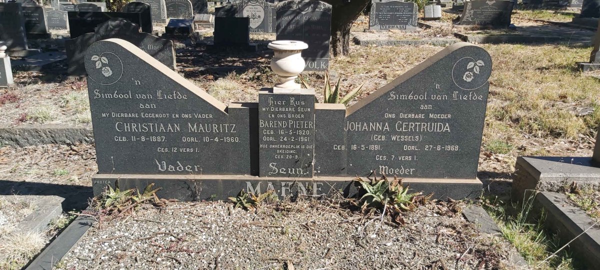 MAHNE Christiaan Mauritz 1887-1960 &amp; Johanna Gertruida WESSELS 1891-1968 :: MAHNE Barend Pieter 1920-1961