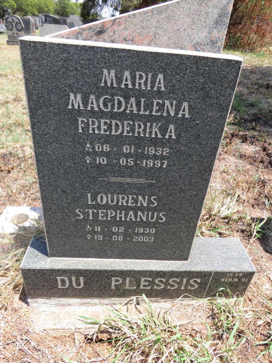 PLESSIS Lourens Stephanus, du 1930-2003 & Maria Magdalena Frederika 1932-1997