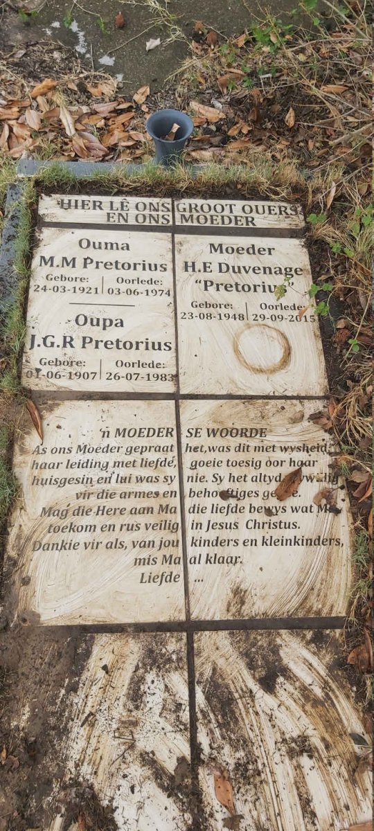 PRETORIUS J.G.R. 1907-1983 & M.M. 1921-1974 :: DUVENAGE H.E. nee PRETORIUS 1948-2015