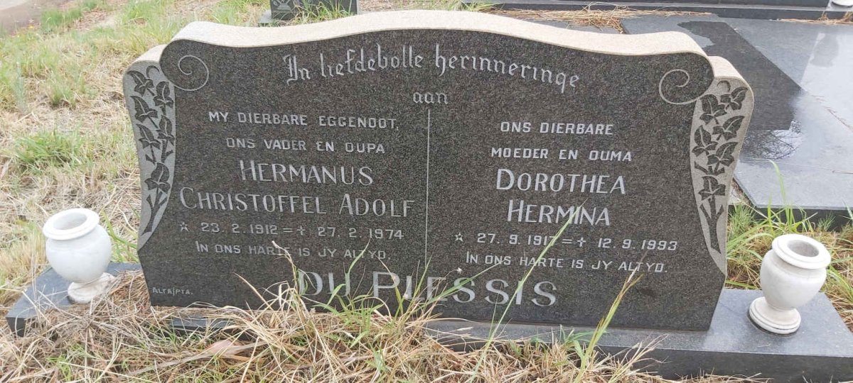 PLESSIS Hermanus Christoffel Adolf, du 1912-1974 & Dorothea Hermina 1917-1993