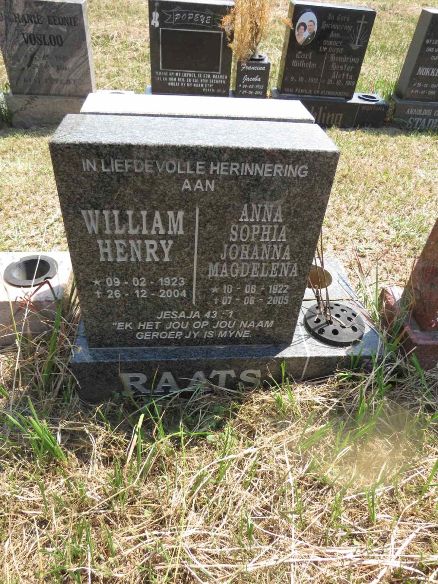 RAATS William Henry 1923-2004 & Anna Sophia Johanna Magdelena 1922-2005