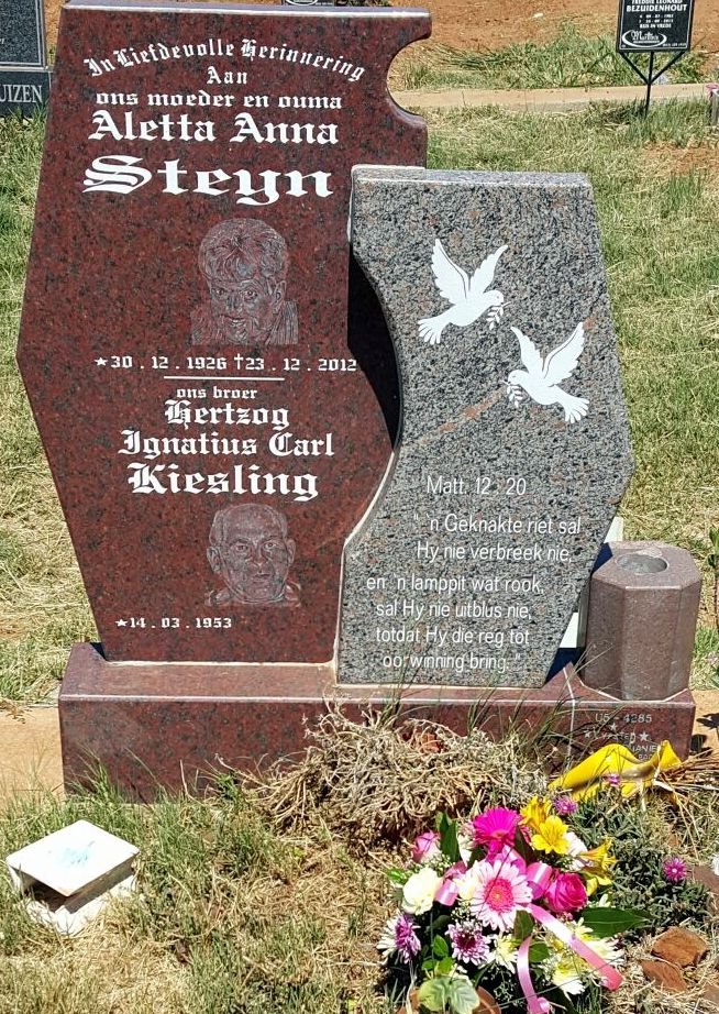 STEYN Aletta Anna 1926-2012 :: KIESLING Hertzog Ignatius Carl 1953-
