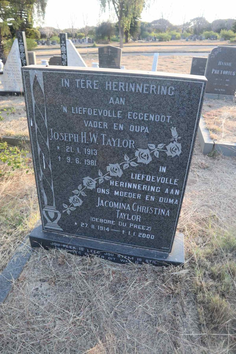 TAYLOR Joseph H.W. 1913-1981 & Jacomina Christina DU PREEZ 1914-2000