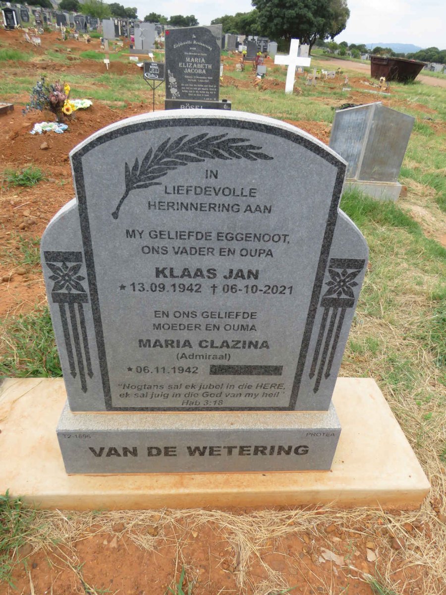 WETERING Klaas Jan, van de 1942-2021 & Maria Clazina 1942-