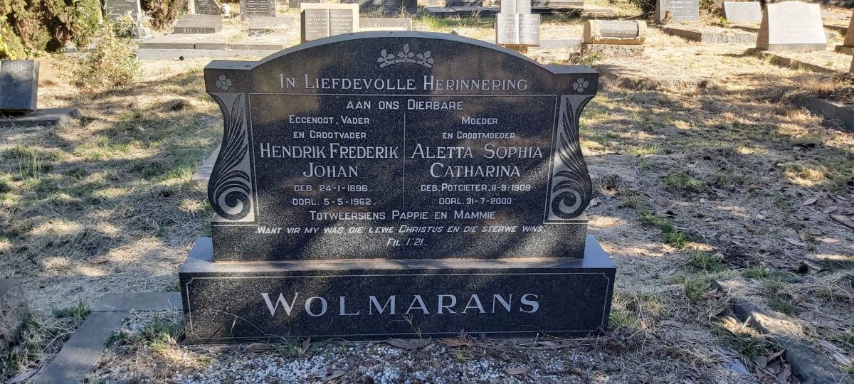 WOLMARANS Hendrik Frederik Johannes 1896-1962 &amp; Aletta Sophia Catharina POTGIETER 1909-2000