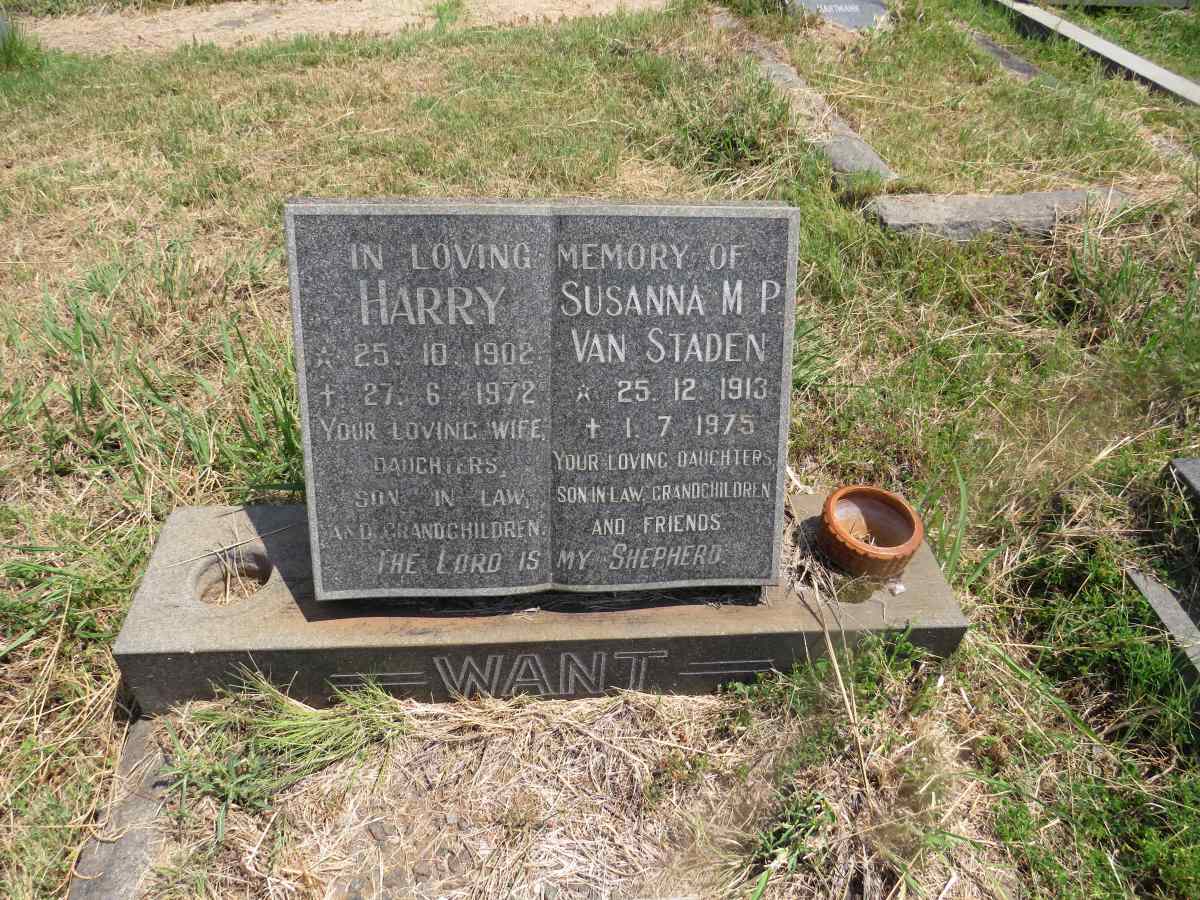 WANT Harry 1902-1972 &Susanna M.P. VAN STADEN 1913-1975
