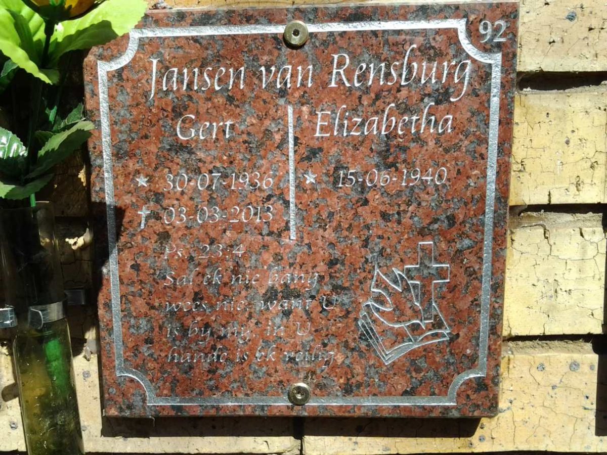 RENSBURG Gert, Jansen van 1936-2013 &amp; Elizabetha 1940-
