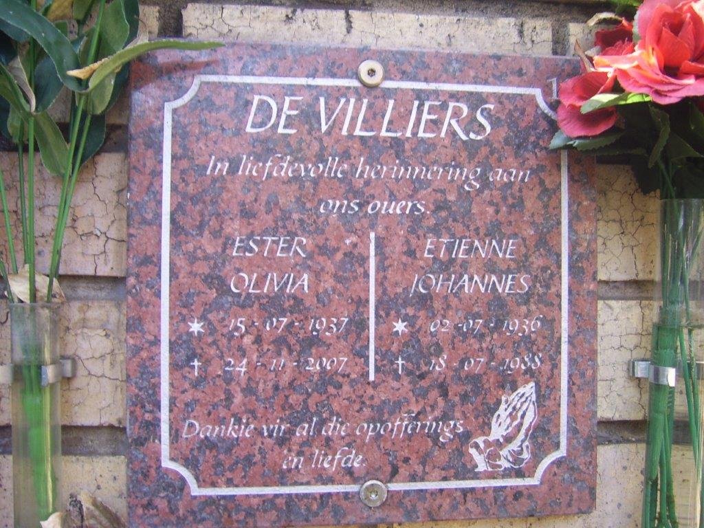 VILLIERS Etienne Johannes, de 1936-1988 &amp; Ester Olivia 1937-2007