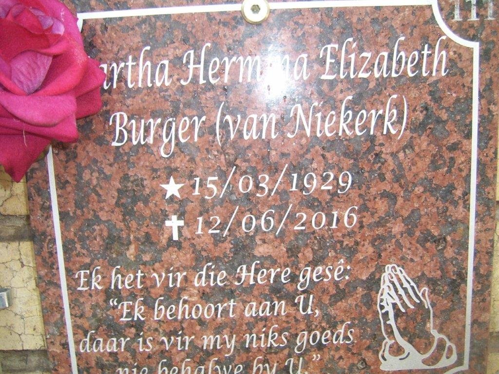 BURGER Martha Hermina Elizabeth nee VAN NIEKERK 1929-2016