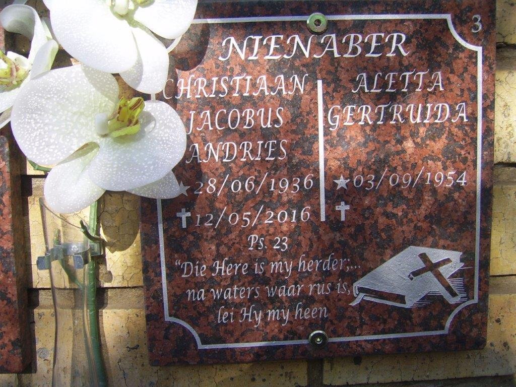 NIENABER Christiaan Jacobus Andries 1936-2016 &amp; Aletta Gertruida 1954-