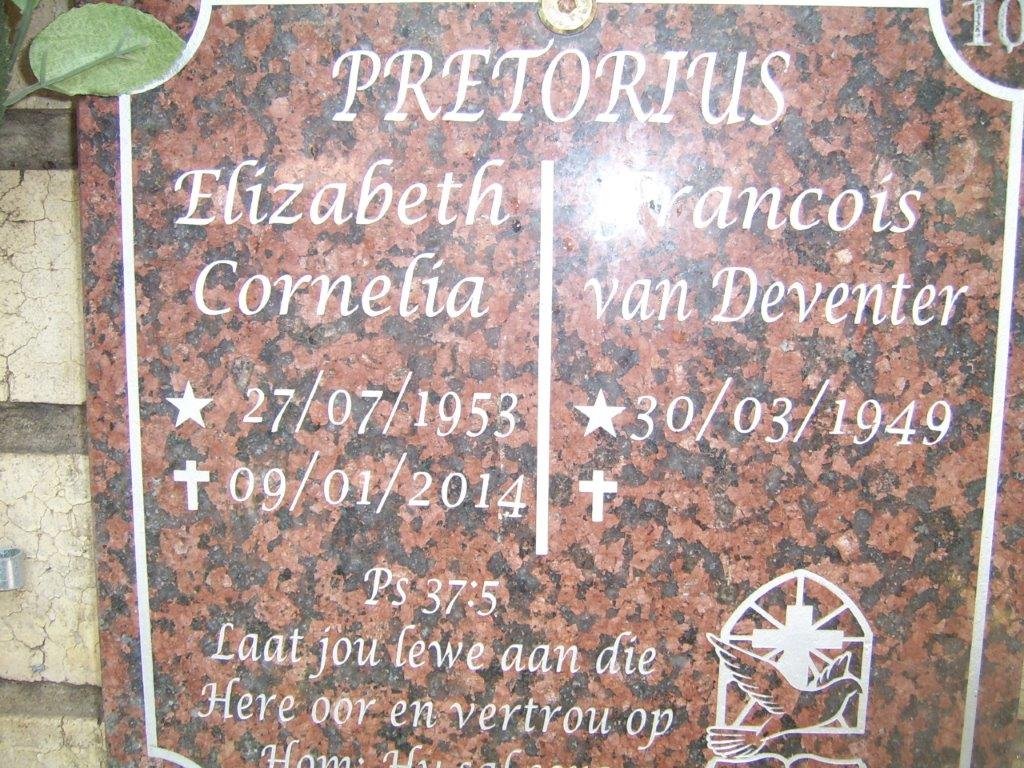 PRETORIUS Francois Van Deventer 1949- &amp; Elizabeth Cornelia 1953-2014