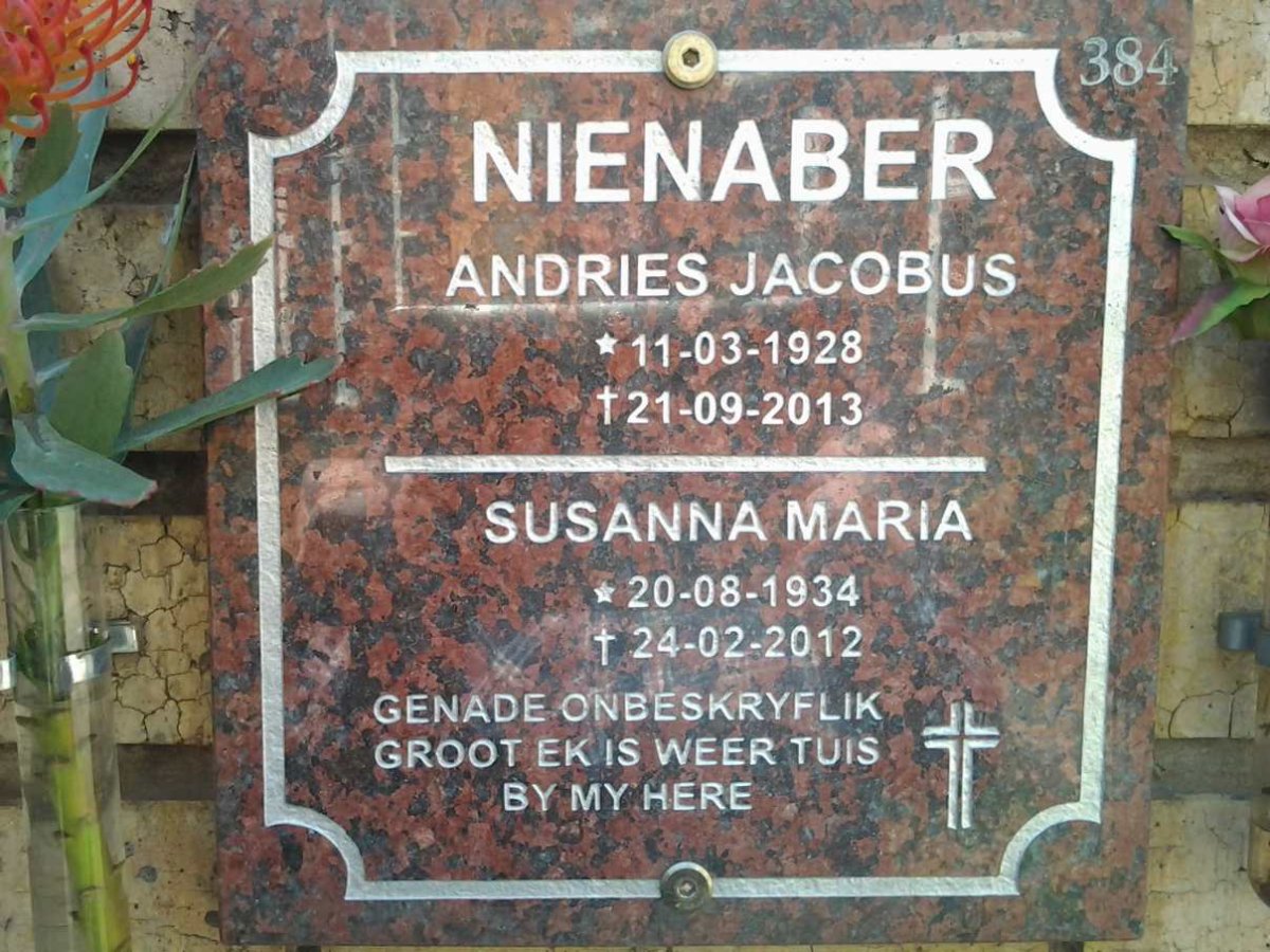 NIENABER Andries Jacobus 1928-2013 &amp; Susanna Maria 1934-2012