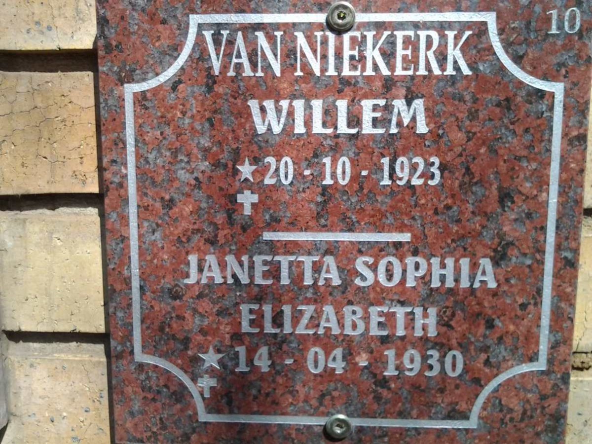 NIEKERK Willem, van 1923- &amp; Janetta Sophia Elizabeth 1930-