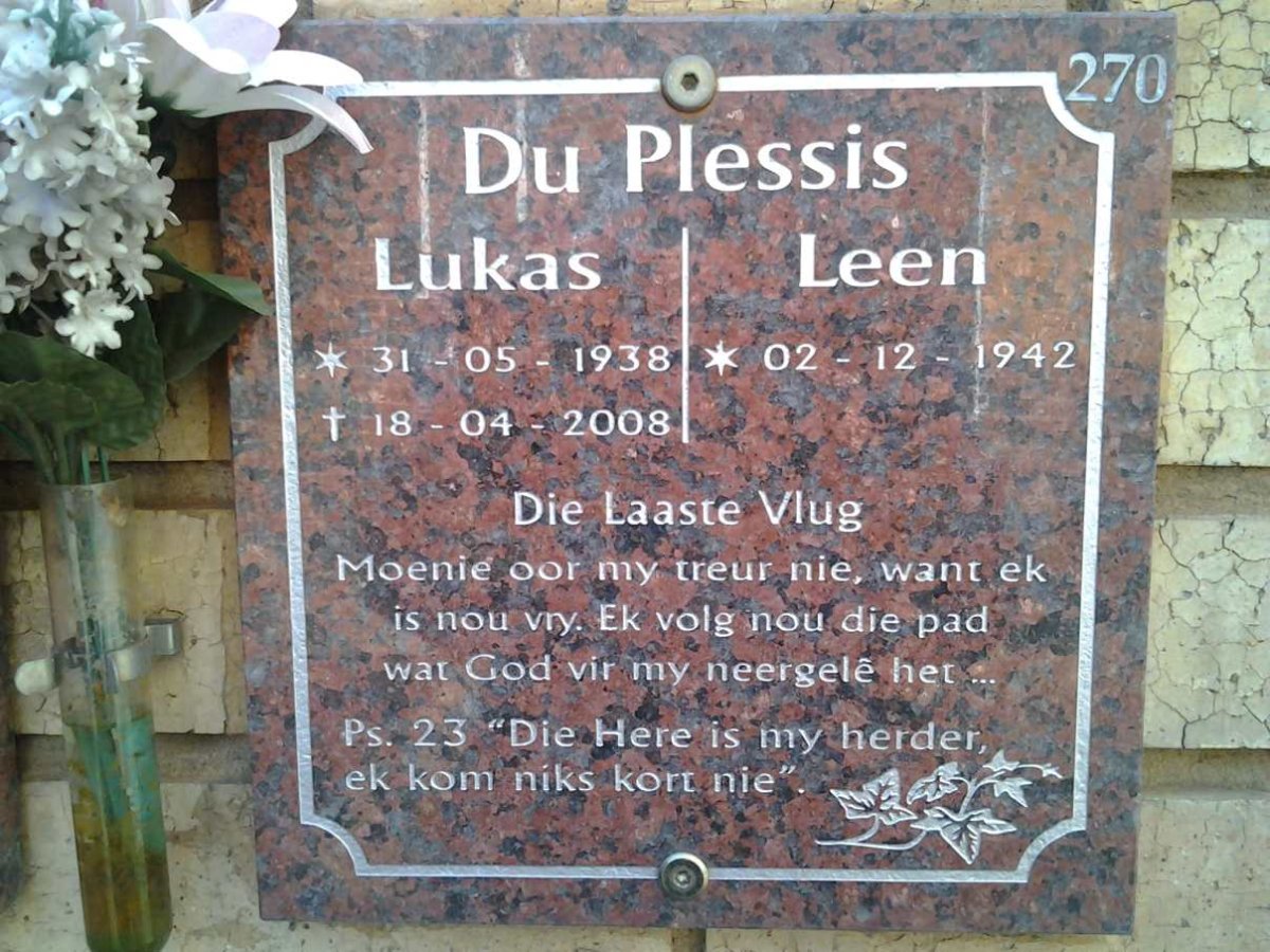 PLESSIS Lukas, du 1938-2008 &amp; Leen 1942-