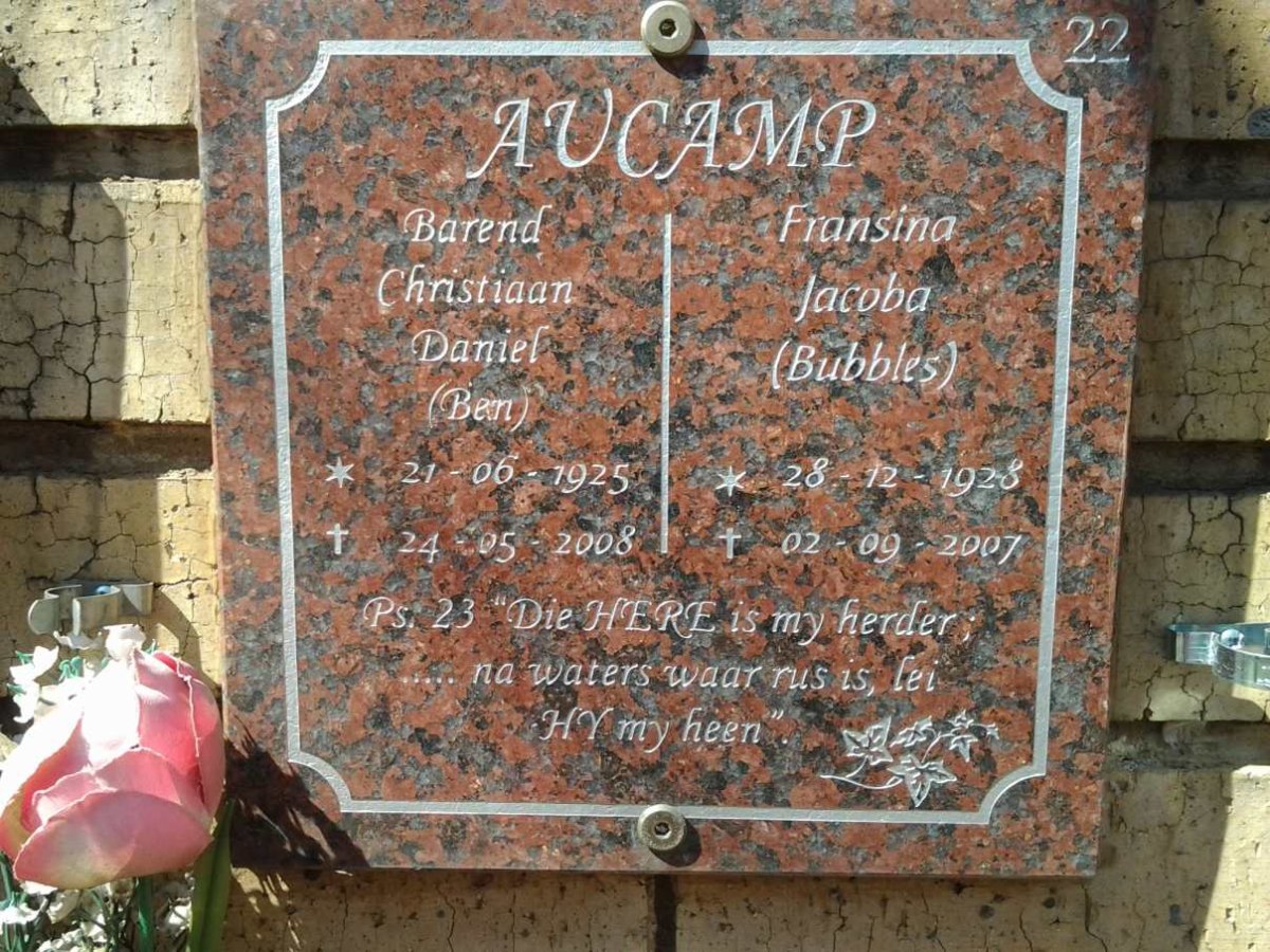 AUCAMP Barend Christiaan Daniel 1925-2008 &amp; Fransina Jacoba 1928-2007