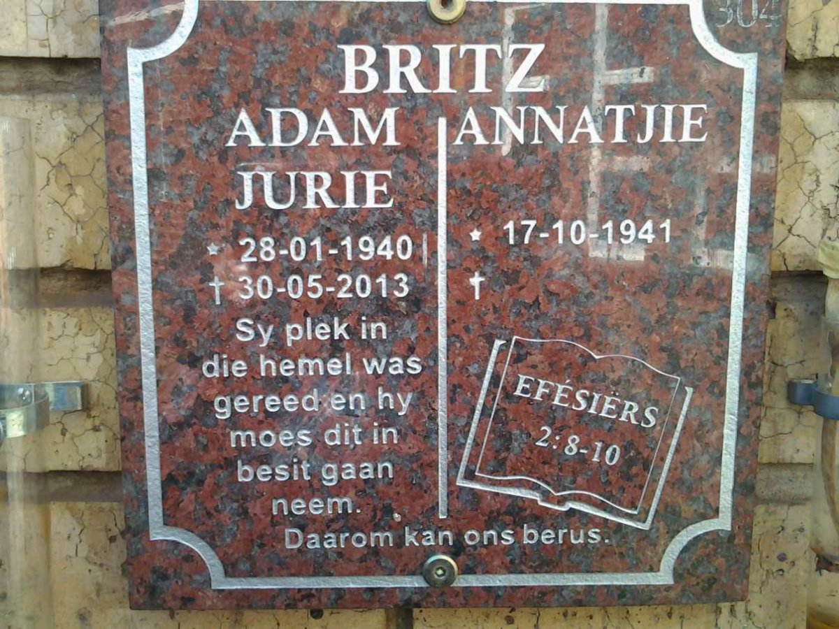 BRITZ Adam Jurie 1940-2013 &amp; Annatjie 1941-
