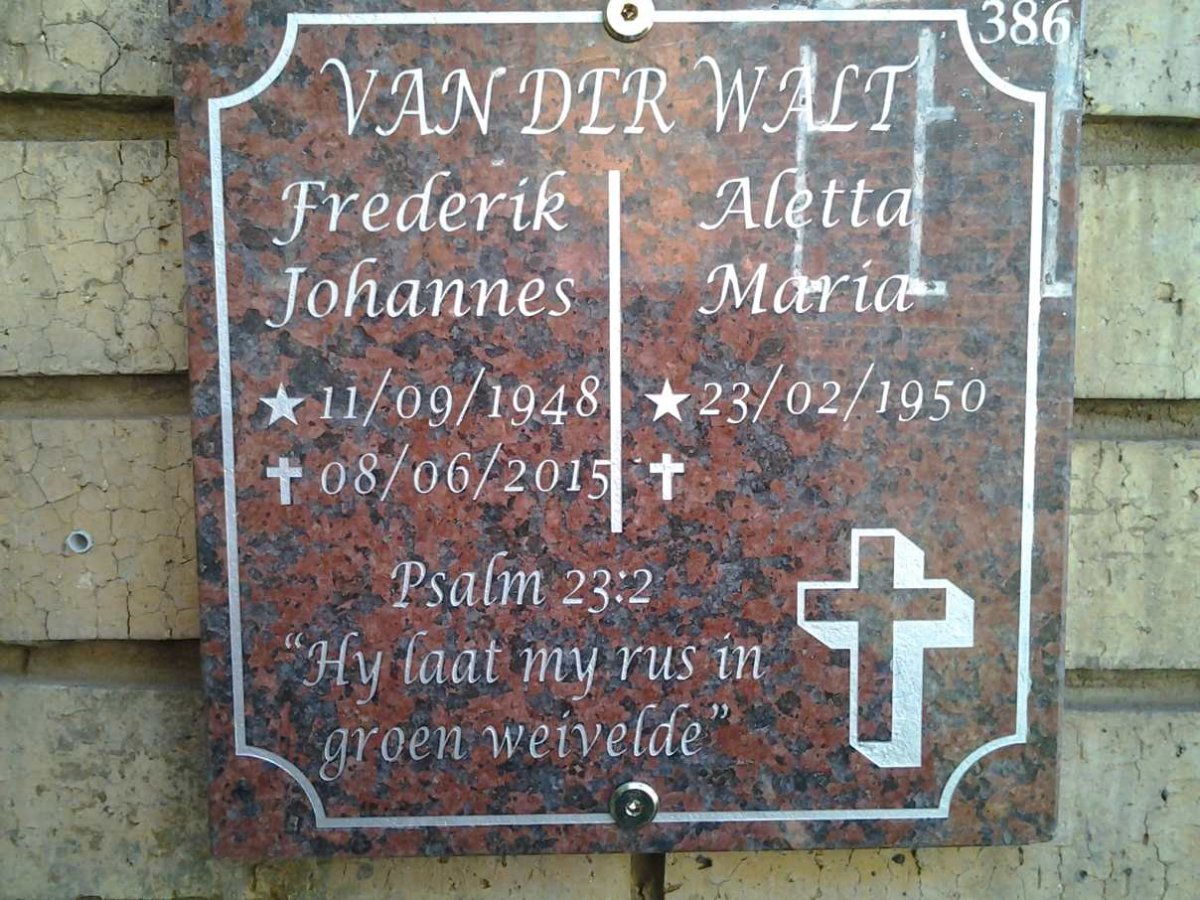 WALT Frederik Johannes, van der 1948-2015 &amp; Aletta Maria 1950-