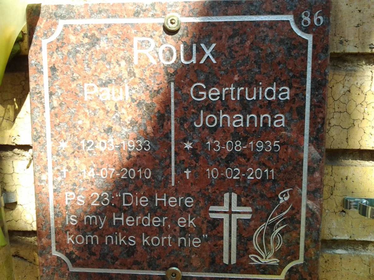 ROUX Paul 1933-2010 &amp; Gertruida Johanna 1935-2011