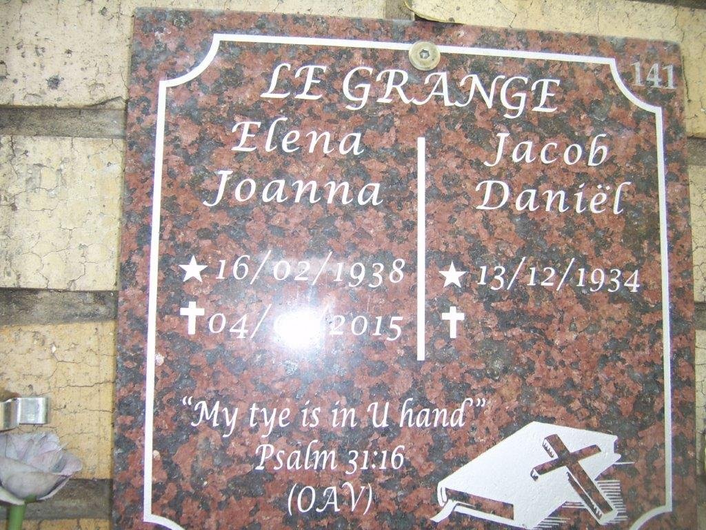 GRANGE Jacob Daniel, le 1934- &amp; Elena Joanna 1938-2015