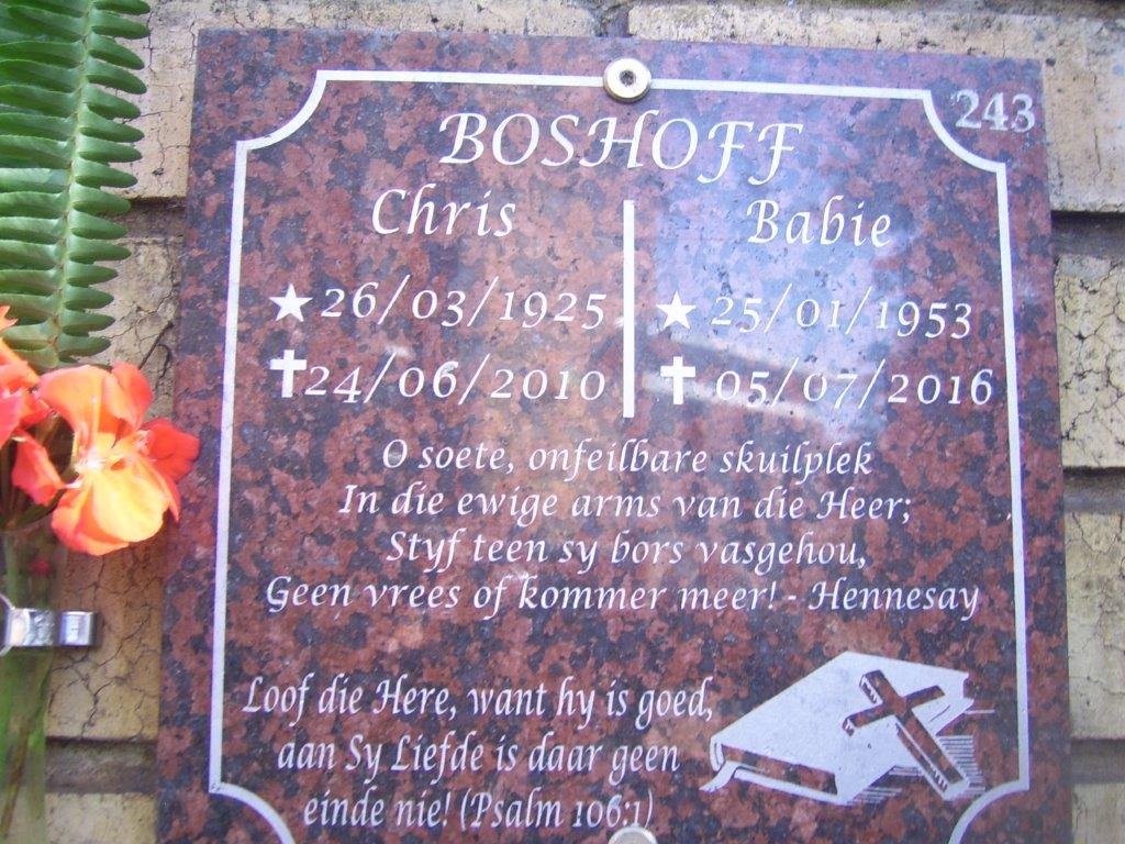 BOSHOFF Chris 1925-2010 :: BOSHOFF Babie 1953-2016