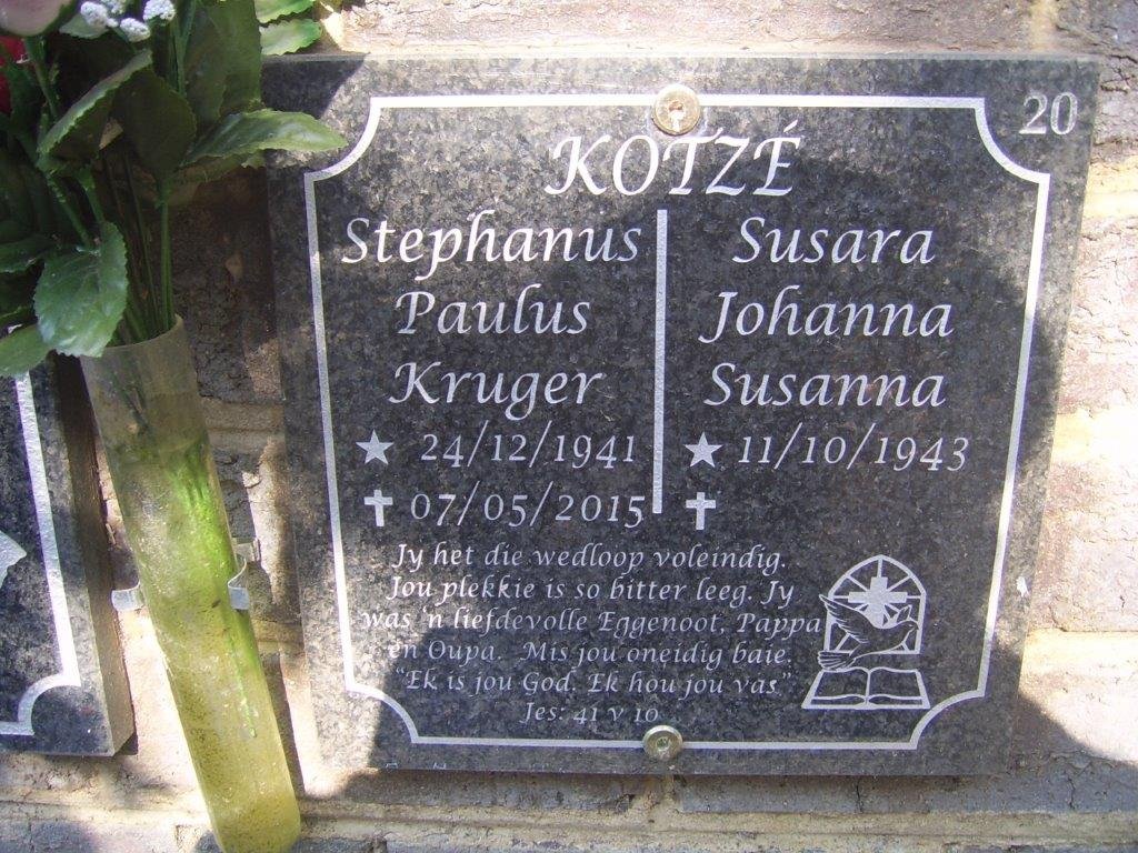 KOTZÉ Stephanus Paulus Kruger 1941-2015 &amp; Susara Johanna Susanna 1943-