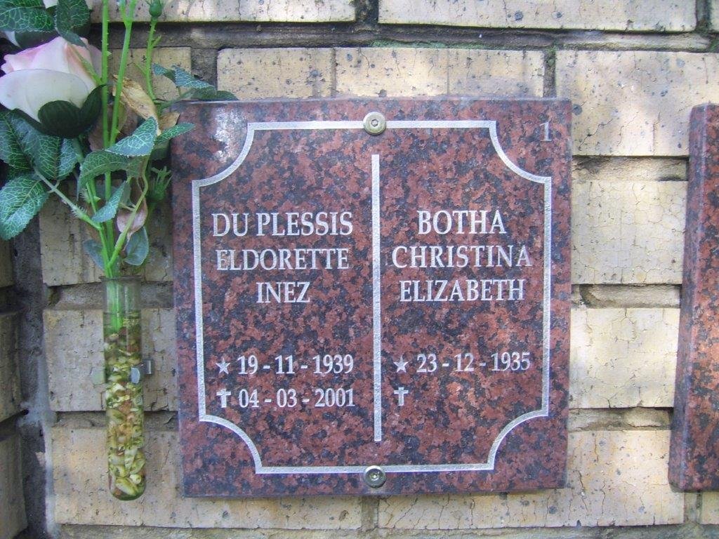 BOTHA Christina Elizabeth 1935- :: DU PLESSIS Eldorette Inez 1939-2001