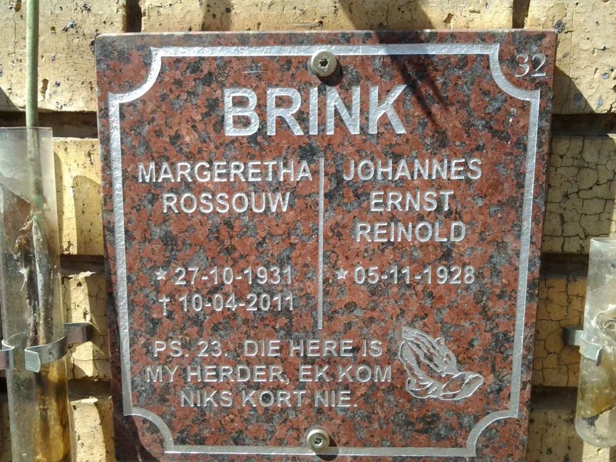 BRINK Johannes Ernst Reinold 1928- &amp; Margaretha Rossouw 1931-2011