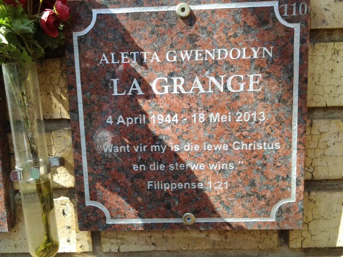 GRANGE Aletta Gwendolyn, la 1944-2013